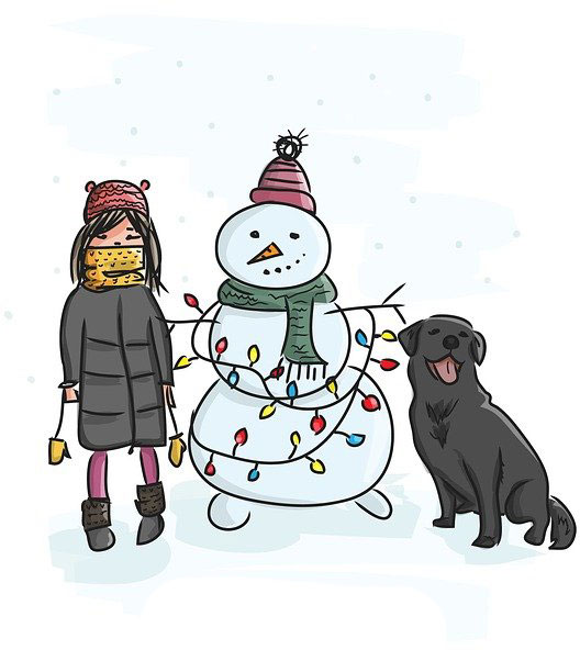 Schneemann mit Kind und Hund, Weihnachten